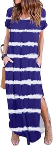 Huskary Summer Casual Loose Short Sleeve Maxi T-Shirt Dress - Blue/White - Med - Picture 1 of 1