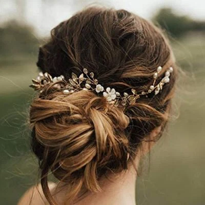  Bride Wedding Hair Vine Pearl Bride Hair Piece Gold Leaf Wedding Headbands  - Image 1 of 4