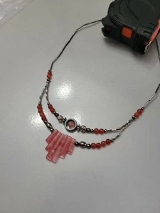 Vintage Pink Quartz Necklace Cascading Fringe Liquid Silver Bib Southwest 70s - Picture 1 of 3