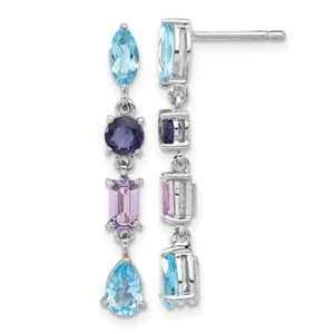 Sterling Silver Rhodium Polished Amethyst Blue Topaz and Iolite Dangle Earrings - Picture 1 of 4
