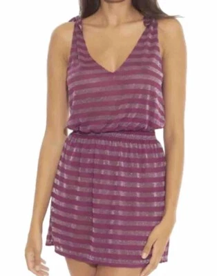 Rebecca Virtue Swimwear Purple Silver Burnout Lurex Beach Smocked Cover Up Dress - Image 1 of 4