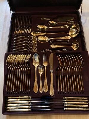 70 teiliges hartvergoldetes unbenutztes Besteck 23/24 Karat - Bild 1 von 4