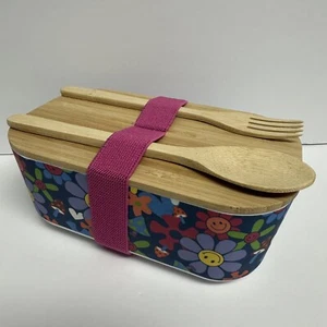 Bento Box Mehrweg Brotdose 90er Vibe Bambus Deckel Utensilien Retro Smiley Blumen - Bild 1 von 6