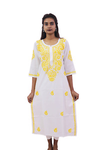 Handmade Pure Cotton Kurti for Women Chikan Embroidery Dress for Ladies & Girls