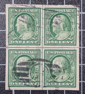 Scott 383 1 Cent Franklin - Used - Center Line Block - SCV - $55.00 - Picture 1 of 2