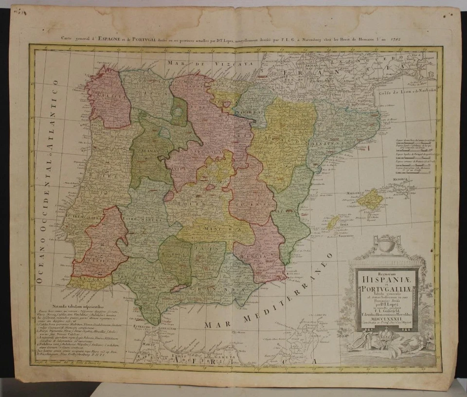 ESPAÑA PORTUGAL GIBRALTAR 1782 HOMANN HEREDEROS Y GÜSSFELD MAPA ANTIGUO INUSUAL Foto 1 de 1