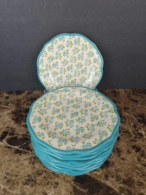 Juego de 10 platos de ensalada floral verde azulado flor otoño mujer pionera borde festoneado de 8,5" Foto 1 de 4