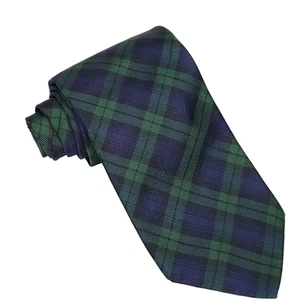Faconnable Mens Silk Tie Necktie Black Watch Tartan Plaid Green Blue Black - Picture 1 of 5