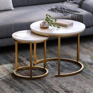 Luxury Marble Nesting Coffee Table Set of 2 Gold Metal Frame Living Room Decor - Picture 1 of 8