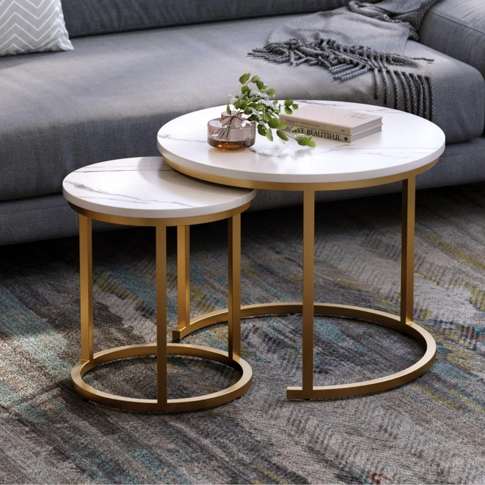 Luxury Marble Nesting Coffee Table Set of 2 Gold Metal Frame Living Room Decor - Image 1 of 4