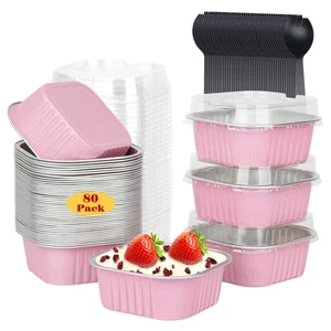 10oz/80 Pack Mini Kuchen Folie Pfannen mit Deckel, 4”x4” Große Cupcake Form Einweg... - Bild 1 von 7