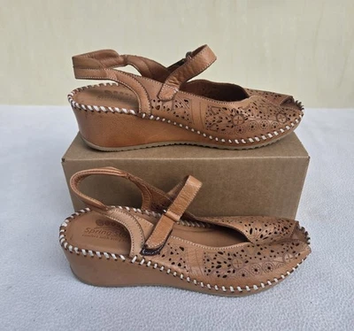 Spring Step Shoes Womens Size 38 Tan Leather Comfort Wedge Sandals Made Turkey - Image 1 of 4