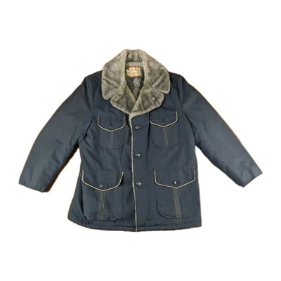 Abrigo Montgomery Ward Para Hombres 44 Azul/Gris Piel Sintética Forrado Calidad Prendas Exteriores De Colección Años 80 Foto 1 de 4