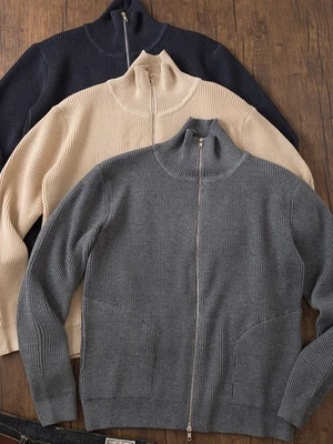 Winter Men's Overcoat Cardigan Zipper High Collar Thickened Knit Wool Sweaters - Image 1 of 4