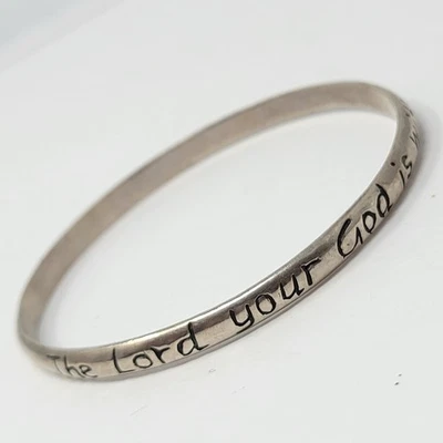 Signed Sterling Silver Bible Verse Joshua 1:9 Bangle Bracelet 8" 16.6g - Image 1 of 4