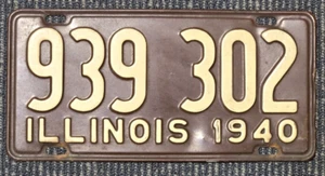 Vintage Brown Illinois License Plate 1940 939 302 1 Piece - Picture 1 of 2