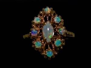 Vintage 14K Solid Yellow Gold Cluster Ring w Natural Australian Fire Opal, sz 8