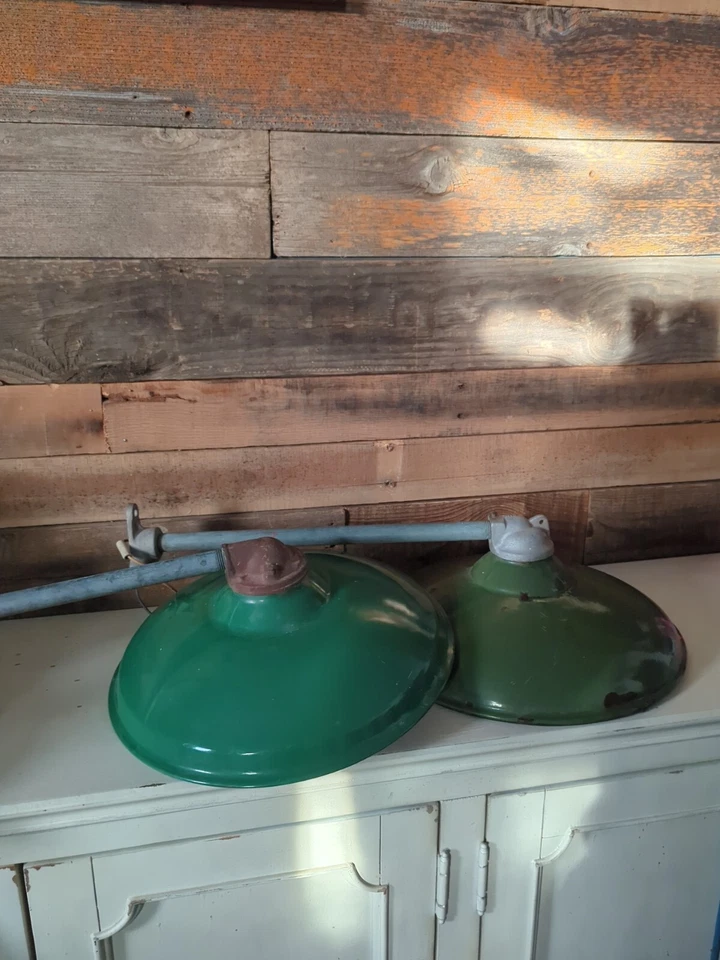 Porcelain Enamel Industrial Lights W/ Mounts Set Of Two Green And White  - Image 1 of 4