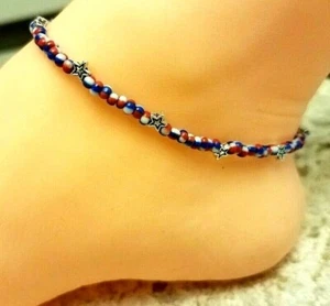 Tobillera elástica 4 de julio roja blanca y azul con cuentas de semillas estrellas patrióticas EE. UU. - Imagen 1 de 4