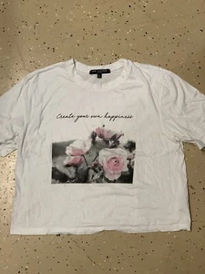 White Crop Top Girls Youth Large Create Your Own Happiness Floral Roses Romantic - Picture 1 of 7