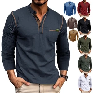 Camiseta informal de manga larga para hombre Henley Grandad cuello en V botón camiseta top liso - Imagen 1 de 27