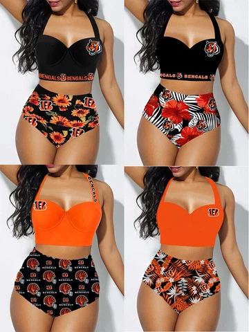 Cincinnati Bengals 2PCS Women's Floral Bikini Butt Lift Swimsuit Bathing Suit Cover