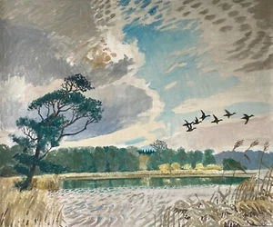 Ölbild Impressionist Karl Adser Kiefer am Seeufer mit fliegenden Enten 60x72 cm - Bild 1 von 9