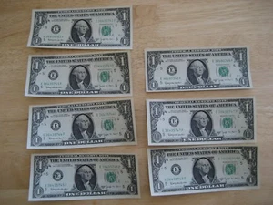 7 Consecutive 1963 B $1 , 1 DOLLAR US FEDERAL RESERVE GREEN SEAL NOTES UNC - Picture 1 of 7