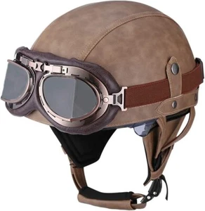 Leather Vintage Motorcycle Retro Half Helmet Scooter Bike Cruiser with Goggles - Picture 1 of 16