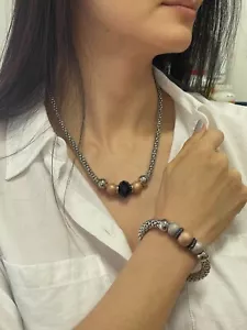 Collar y pulsera de mujer estilo palomitas de maíz de acero inoxidable 316 cuentas en 7 mm - Imagen 1 de 9