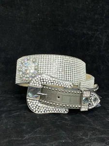 Nocona Runway Leather Belt Crystal Studs Silver Black Sparkle Flowers XL 47” C4 - Picture 1 of 18