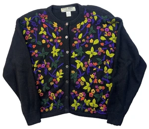 Kitty Hawk by Vivian Wang Women’s Sweater L Black Floral Embroidered Y2K Vintage - Picture 1 of 5