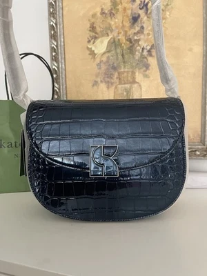 Bolso de montar mediano Kate Spade Dakota metálico en relieve de cocodrilo nuevo con etiquetas en azul marino Foto 1 de 4