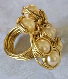 Gold Wire Wrapped White Pearl Ring Handmade Artisan Size 7-8 - Picture 1 of 5