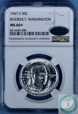 1947-S  Booker T Washington Commemorative 50c NGC MS66+ w/CAC - Original Beauty! - Image 1 of 4