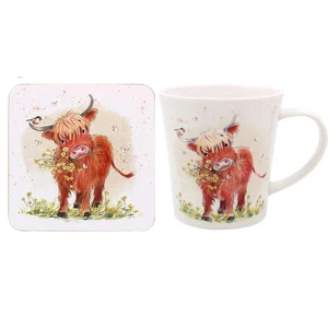Highland Cow Paper Shed Design Fine China Ceramic Tea Coffee Mug & Coaster Set - Picture 1 of 2