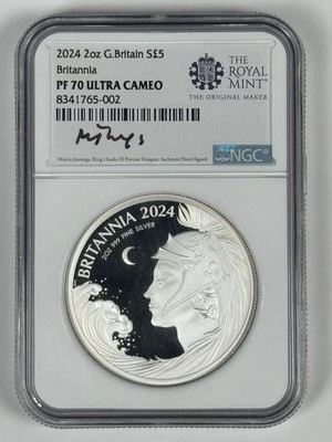 2024 GRANDE GRÃ-BRETANHA 2 OZ PRATA BRITANNIA NGC PR70 UCAM MARTIN JENNINGS ASSINADO - Imagem 1 de 2