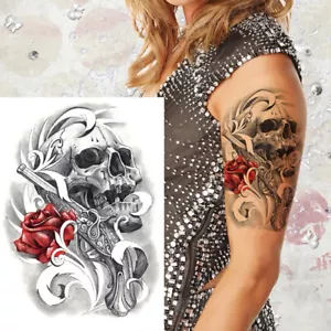 Temporäres Tattoo Skull Gun Rose Schädel Pistole Totenkopf Wasserfest Einmal - Bild 1 von 2