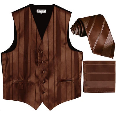 New Men's vertical stripes Tuxedo Vest Waistcoat_tie & hankie brown formal prom - Image 1 of 4