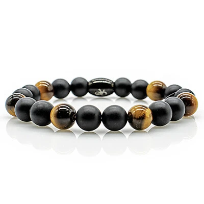 Onyx Armband Bracelet Perlenarmband Tigerauge schwarz matt 8mm Edelstahl Perle - Bild 1 von 2
