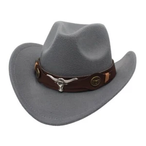 Grey Western Cowboy, Cowgirl Hat, Bull Horns Strap, Men Women Retro Wide Brim - Picture 1 of 2
