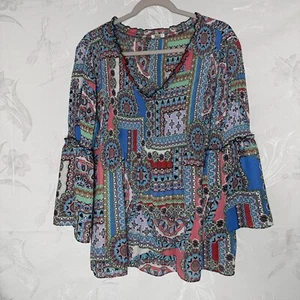 SPENSE blau Blumen Tunika Oberteil Boho Bauern 3/4 Glockenärmel Größe L/Grande - Bild 1 von 8