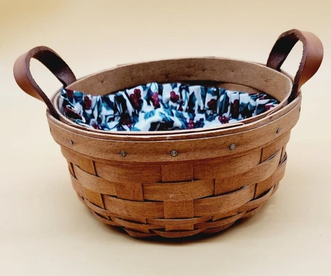 Vintage Longaberger 1991 Picnic round leather Basket holly berry berries fabric Cover