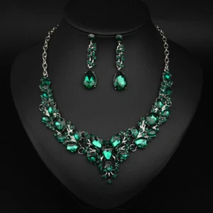 Crystal Flower Pendant Necklace Earrings Women Bridal Wedding Jewelry Set Choker - Picture 1 of 18