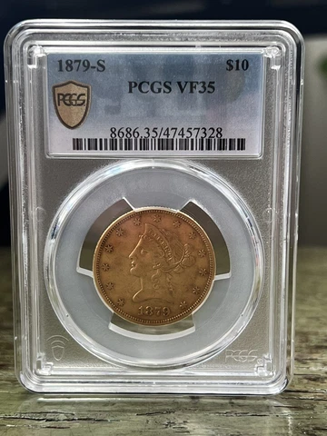 1879 S $10 Gold Coin, PCGS VF35 Cover