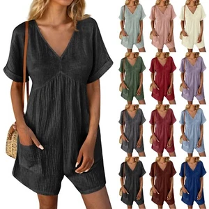 Women's Summer Casual Solid V-Neck Short Sleeve Pockets Comfort Jumpsuit Shorts - Picture 1 of 54