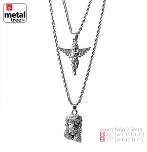 Men's Solid Silver Plated Jesus & Angel 22"/27" Combo Pendant Necklace MHC 202 S - Picture 1 of 5