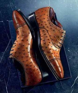 New Handmade Pure Brown Ostrich Leather Stylish Lace Up Dress Shoes for Men’s - Picture 1 of 5