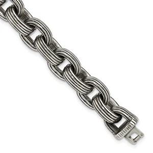 Stainless Steel Antiqued and Polished Grooved Link Bracelet 8.5" for Men's - Picture 1 of 6