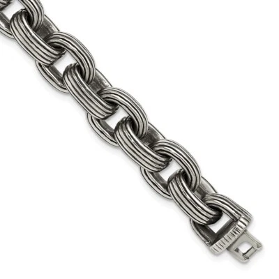 Stainless Steel Antiqued and Polished Grooved Link Bracelet 8.5" for Men's - Image 1 of 4